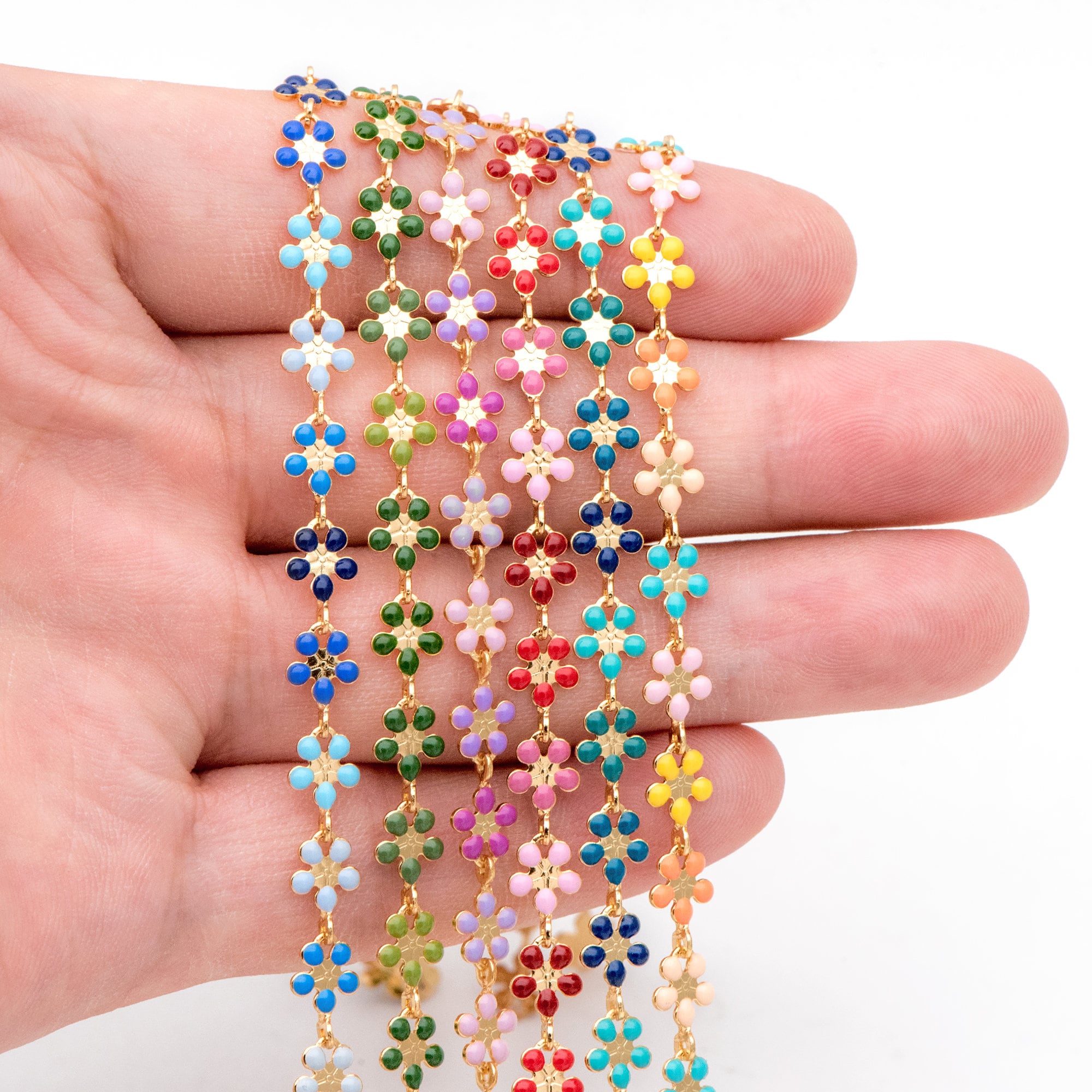 Mix Color Enamel Flower Chain, Gold Plated Brass Designer Chain 6mm, Floral Link Chain Findings (#LK-581)/ 1 Meter=3.3ft